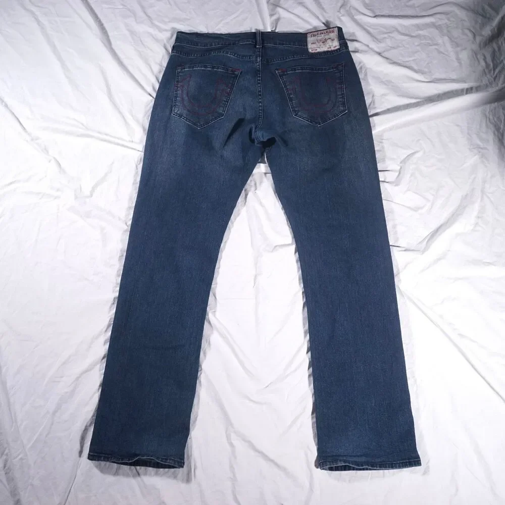True Religion Ricky Jeans Relaxed Straight Blue Red Stitch Mens 36 36x34